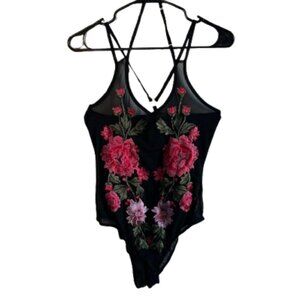 ✨ Top Chic Black Mesh Floral Embroidered Bodysuit | Size M | Strappy Back